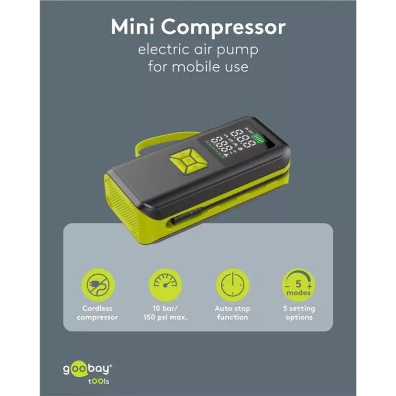 Goobay Tools bezvadu gaisa kompresors ar digitālo displeju, 10,3 bāri, USB-C uzlāde, LED apgaismojums, 2000 mAh Li-Ion akumulators, komplektā adapteri un uzglabāšanas soma 77827