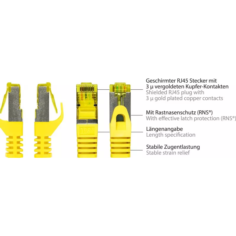 GoodConnections Cat.7 RJ45 komutācijas kabelis - 25 m, dzeltens, S/FTP PiMF, bez halogēna, 600 MHz (8070R-250Y)
