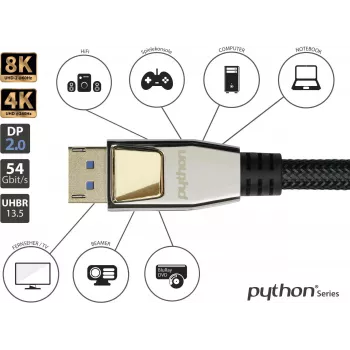 GoodConnections PREMIUM DisplayPort 2.0 kabelis, 54 Gbit/s, UHBR 13.5, 4K @240Hz / 8K @60Hz, pilnmetāla savienotāji, varš (DP20-PY020)