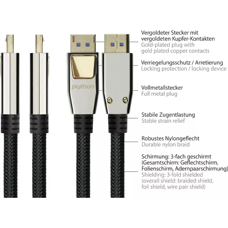 GoodConnections PREMIUM DisplayPort 2.0 kabelis, 54 Gbit/s, UHBR 13.5, 4K @240Hz / 8K @60Hz, pilnmetāla savienotāji, varš (DP20-PY020)