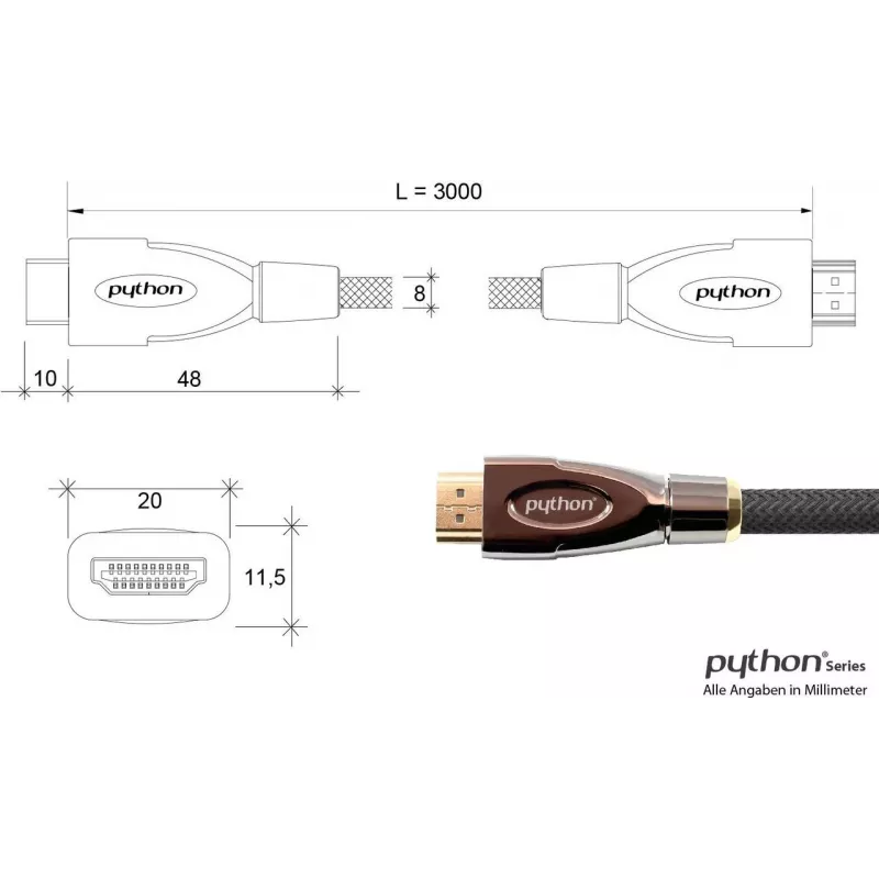 GoodConnections PYTHON sērijas ātrgaitas HDMI kabelis ar Ethernet, 4K UHD 60Hz, 18Gbps, zelta pārklājums, neilona pinums, 3m, melns (GC-M0018)