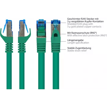 GoodConnections RNS® Cat. 6A S/FTP halogenu nesaturošs savienojuma kabelis ar fiksatora aizsardzību, 3 m, zaļš