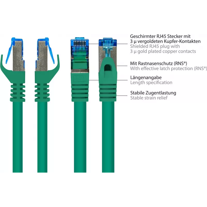 GoodConnections RNS® Cat. 6A S/FTP halogenu nesaturošs savienojuma kabelis ar fiksatora aizsardzību, 3 m, zaļš