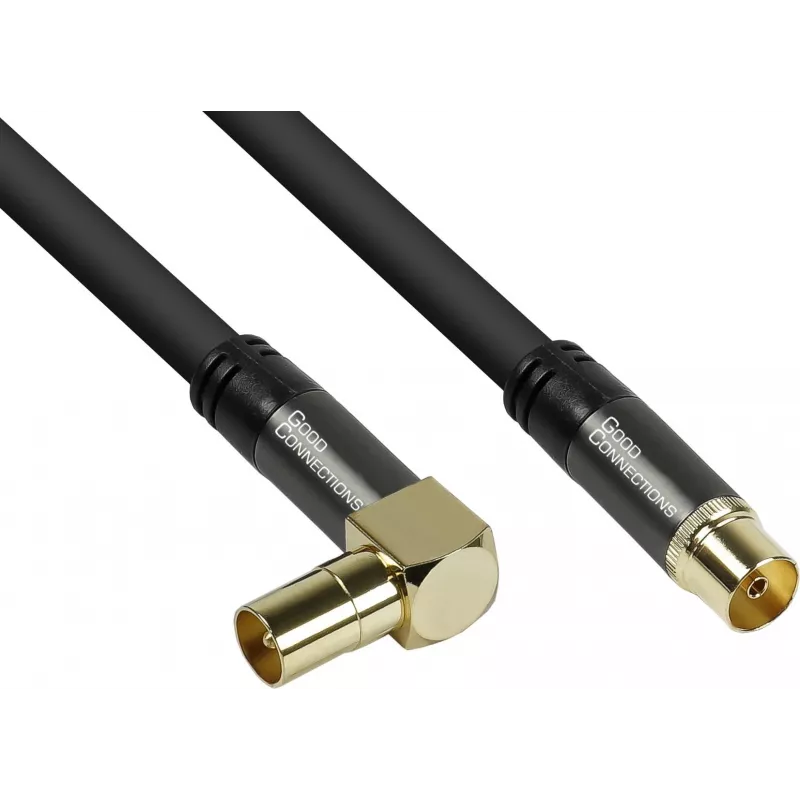 GoodConnections SAT antenas kabelis SmartFLEX, IEC/Coax leņķa kontaktdakša uz ligzdu, zeltīts, četrkārtīgi ekranēts, 120dB ekranējums, melns, 15m (GC-M2078)