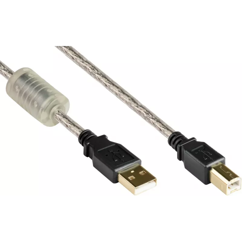 Good Connections USB 2.0 augstas kvalitātes kabelis ar ferīta serdi un zelta kontaktiem, caurspīdīgs, 5m