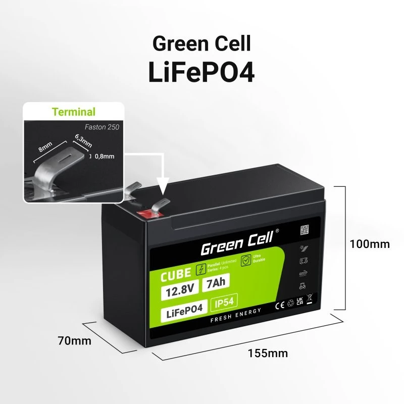 Green Cell LFPGC12V7AH UPS Akumulators Litija Dzelzs Fosfāts (LiFePO4) 12,8 V 7 Ah
