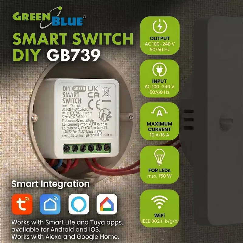 GREENBLUE padziļinātās montāžas Wi-Fi vadības relejs GB739