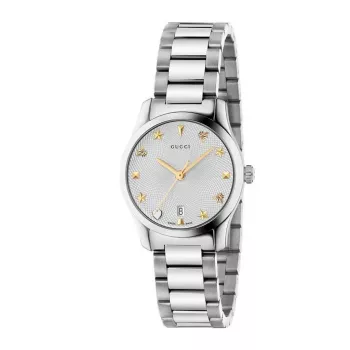 Gucci G-Timeless Ladies Watch YA126572A 27mm Stainless Steel Silver Dial Diamond Hour Markers Swiss Quartz