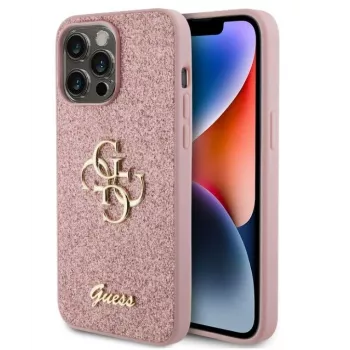 GUESS Apple iPhone 15 Pro Max fiksēts mirdzošs 4G metāla logotipa maciņš rozā