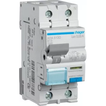 HAGER ADA513D RCBO 1P+N 13A B līkne 30mA A tips 10kA