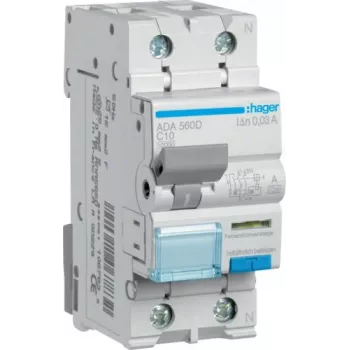 Hager ADA560D RCBO 1P+N 10A C-raksturlīkne 30mA A tips 10kA 230V