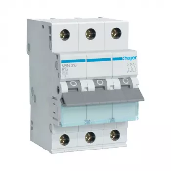 Hager MBN316 3-poligais 16A B-raksturlīknes 6kA miniatūrais automātslēdzis, 3 moduļu platums