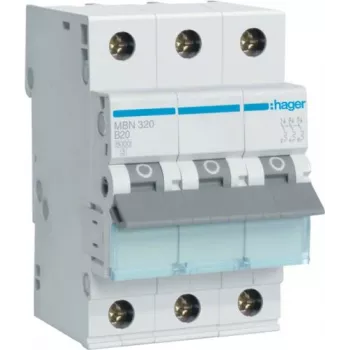 Hager MBN320 3 polu 20 A B raksturlīknes miniatūrais automātslēdzis, 6 kA, 3 moduļi