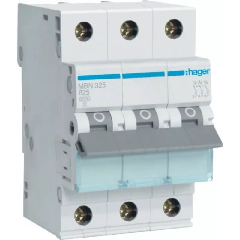 Hager MBN325 3-polige 25 A B-raksturlīknes miniatūrais automātslēdzis, 6 kA, 3 moduļi