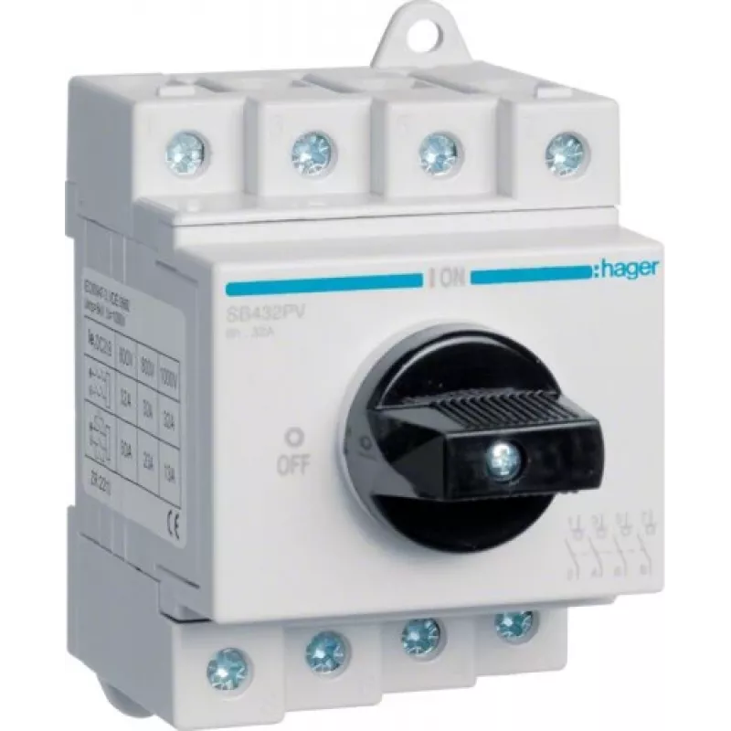 Hager SB432PV modulārs PV izolācijas slēdzis, 4 polu, 32A, 1000VDC