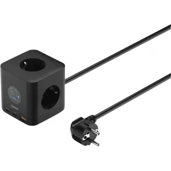 Hama 3 ligzdu pagarinātājs ar 2x USB-C, 1x USB-A, 67W, displeju, 1,4m, melns (00223196)