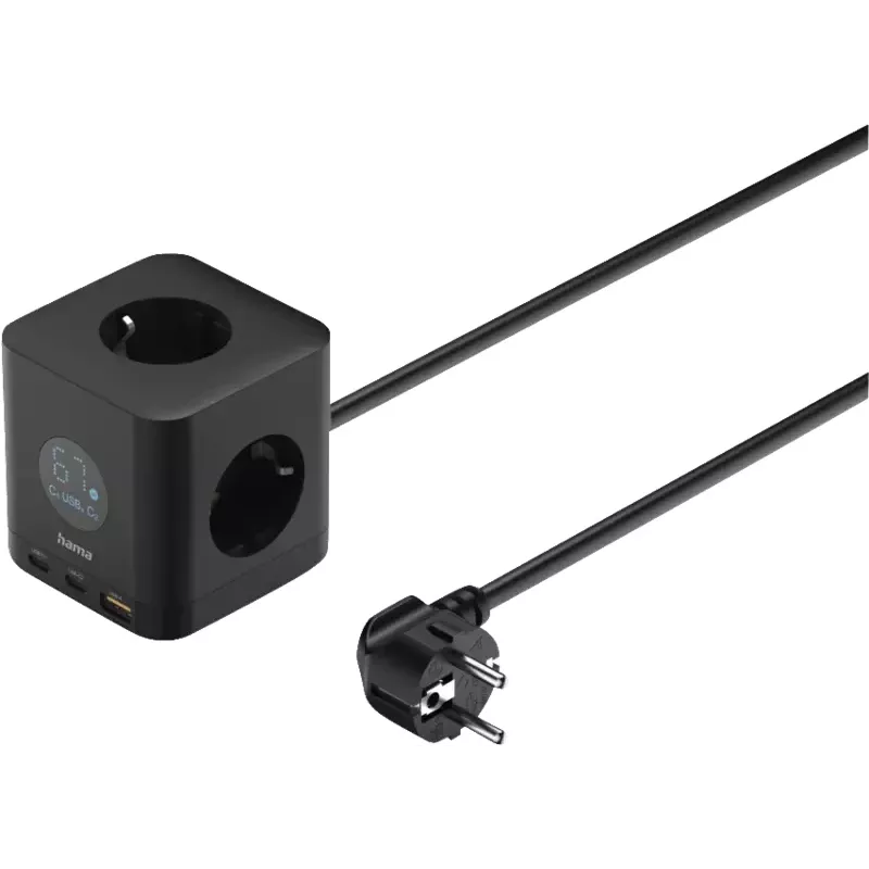 Hama 3 ligzdu pagarinātājs ar 2x USB-C, 1x USB-A, 67W, displeju, 1,4m, melns (00223196)