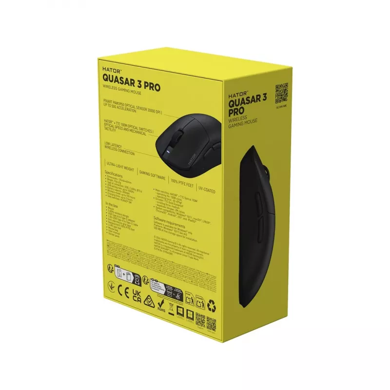 Hator Quasar 3 Pro bezvadu spēļu pele - 26000 DPI optiskais sensors, 2.4GHz, USB-C, RGB, melna