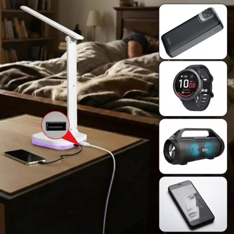 Hawk HWDL001WH LED galda lampa balta, 7 W skārienjutīgs dimmeris, 3 krāsu temperatūras, USB uzlādes ports