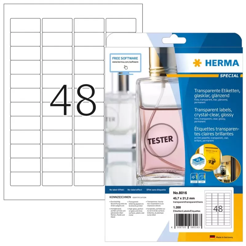 HERMA 8016 Kristāldzidras spīdīgas poliestera etiķetes A4 45,7 x 21,2 mm 1200 etiķetes