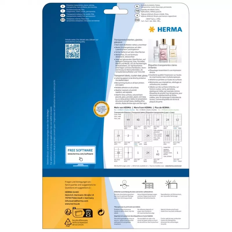HERMA 8016 Kristāldzidras spīdīgas poliestera etiķetes A4 45,7 x 21,2 mm 1200 etiķetes