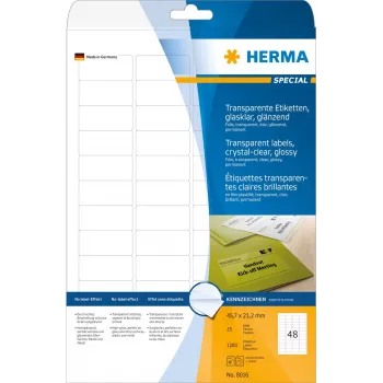 HERMA 8016 Kristāldzidras spīdīgas poliestera etiķetes A4 45,7 x 21,2 mm 1200 etiķetes