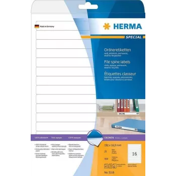 HERMA Special Permanent pašlīmējošas matētas necaurspīdīgas failu etiķetes, papīrs, balts, 192 x 16,9 mm, 400 etiķetes (25 loksnes x 16) (5118)
