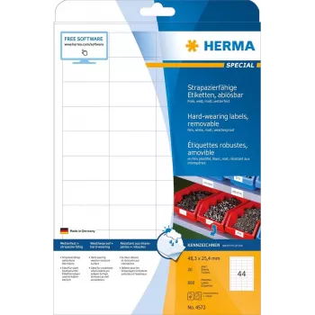 HERMA Special laikapstākļiem izturīgas noņemamas matētas etiķetes, baltas, 48.3 x 25.4 mm, 880 etiķetes (20 loksnes x 44) 4572