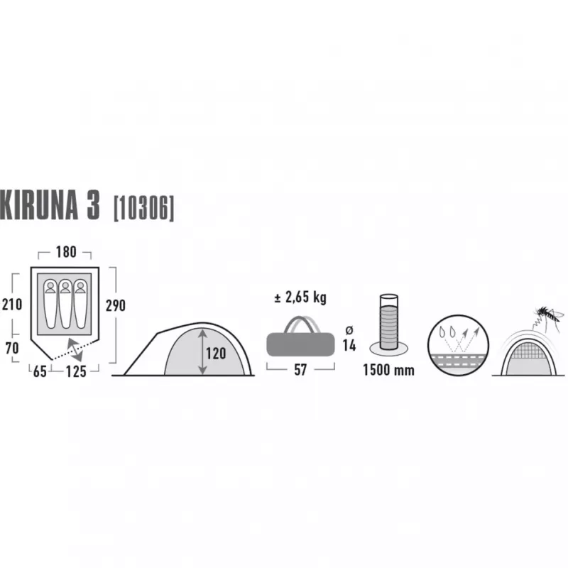High Peak Kiruna 3 kupolveida telts - 3 personām, zaļa/pelēka