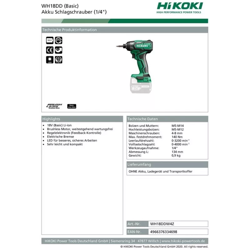 HIKOKI WH18DD 18V Bezvadu Triecienuzgriežņu Atslēga, 0-3200 RPM, 0-400 IPM