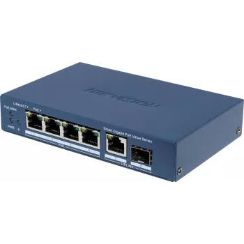 Hikvision DS-3E1506P-EI/M-4P1T1F(O-STD) Nepārvaldāms slēdzis ar 4 portu PoE+, 1 Gigabit RJ45 un 1 SFP augšupsaiti