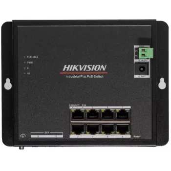 Hikvision DS-3T1510P-SI-FLT(O-STD) 10 portu industriālais viedais pārvaldāmais PoE+ komutators ar 8 Gigabit PoE+ portiem un 2 SFP, 120W budžets, DIN sliede, bez barošanas avota