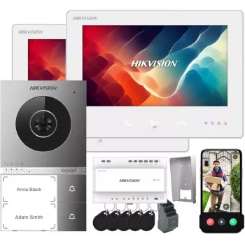 Hikvision DS-KIS705EY/2Monitors IP Video Intercom komplekts ar 2 iekštelpu stacijām, 2 MP durvju staciju, 7 collu skārienekrānu, Wi-Fi, PoE