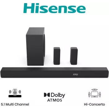 Hisense AX5100Q 5.1.2 kanālu 510W Dolby Atmos skaņu panelis ar bezvadu zemfrekvences skaļruni un aizmugurējiem skaļruņiem 20015174