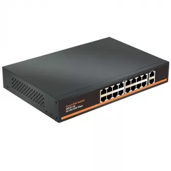 HISMART 18 portu Gigabit PoE+ komutators ar 16 PoE portiem un 2 augšupielādes portiem, 250W budžets, nekonfigurējams, metāla, montējams statīvā