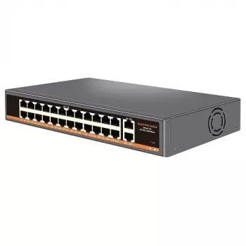 HISMART 24 portu PoE+ tīkla komutators ar 2 Gigabit uplink portiem, 300W budžets, montējams statīvā