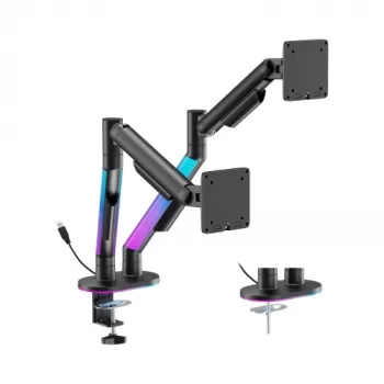 HISMART dubultā monitora gāzes atsperes rokas stiprinājums 17-35 collu ekrāniem ar RGB apgaismojumu, melns