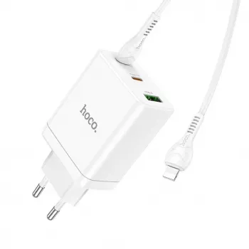 HOCO 35W Dual USB-C + USB-A PD & QC3.0 sienas lādētājs ar USB-C uz Lightning kabeli, balts