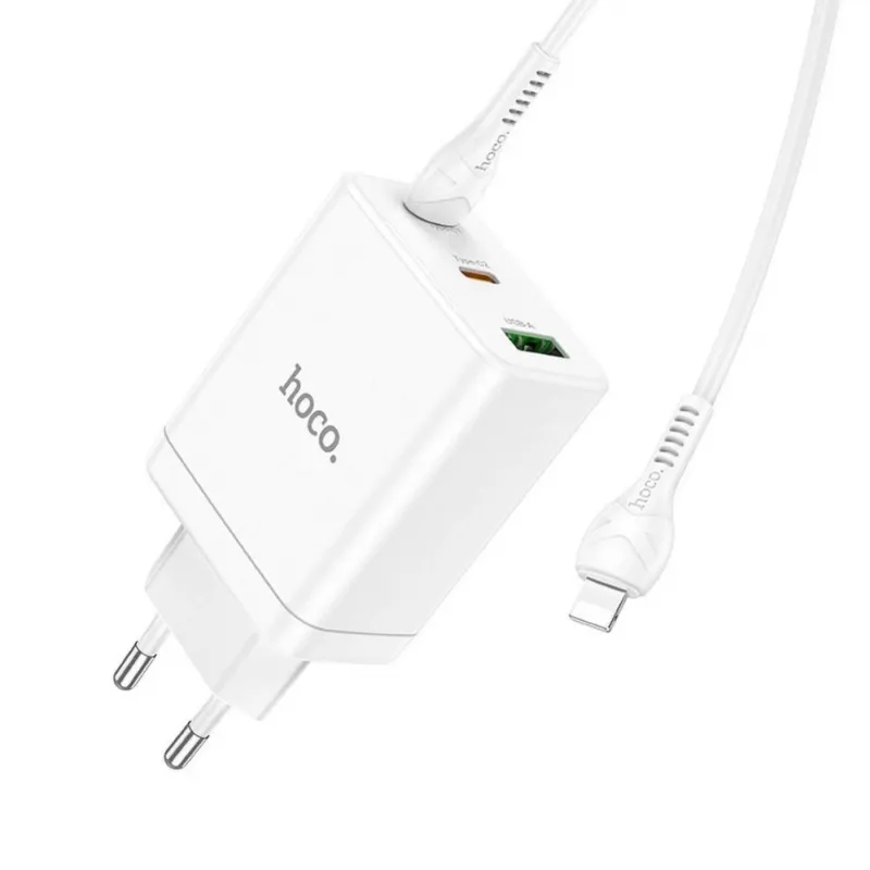 HOCO 35W Dual USB-C + USB-A PD & QC3.0 sienas lādētājs ar USB-C uz Lightning kabeli, balts