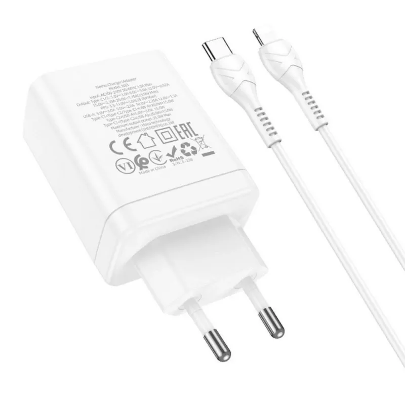 HOCO 35W Dual USB-C + USB-A PD & QC3.0 sienas lādētājs ar USB-C uz Lightning kabeli, balts