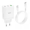 HOCO 35W Dual USB-C + USB-A PD & QC3.0 sienas lādētājs ar USB-C uz Lightning kabeli, balts