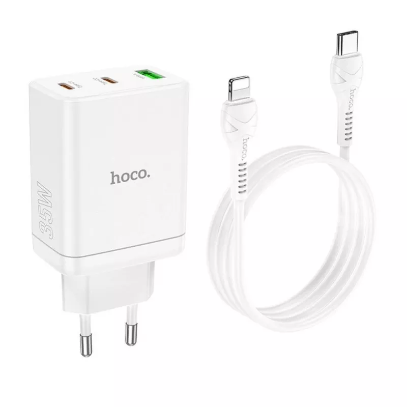 HOCO 35W Dual USB-C + USB-A PD & QC3.0 sienas lādētājs ar USB-C uz Lightning kabeli, balts