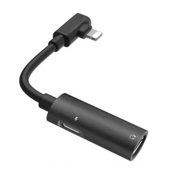 Hoco Dual Lightning kabeļa audio pārveidotājs uz Lightning austiņu spraudni + Lightning lādētāja spraudni melns