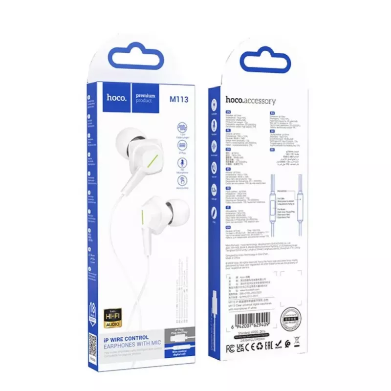 Hoco M113 Clear Universal Digital Earphones with Microphone for Apple Lightning, White