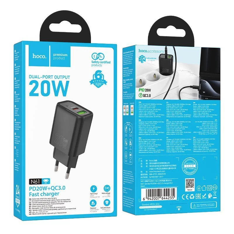 Hoco N61 Gentle PD20W+QC3.0 Lādētājs (ES) Melns