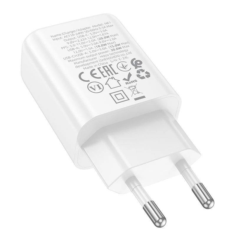 Hoco N61 Gentle PD20W+QC3.0 Lādētājs (ES) Balts