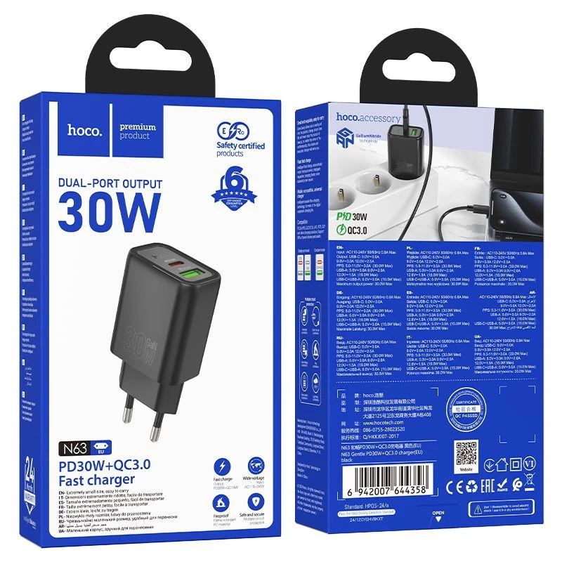 Hoco N63 Gentle PD30W+QC3.0 Lādētājs (ES) Melns