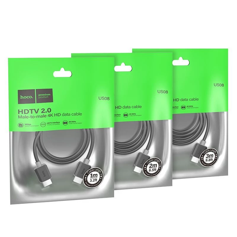 Hoco US08 HDMI 2.0 kabelis 2m Melns 4K HDR 18Gbps Vīrietis pret vīrieti