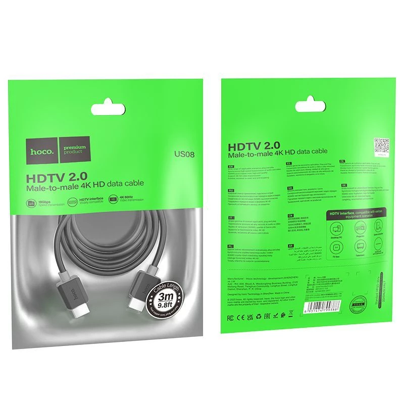 Hoco US08 HDMI 2.0 kabelis 3m Melns 4K HDR Ar zeltu pārklāts