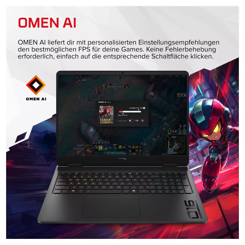 HP HyperX OMEN 16-ap1492ng spēļu klēpjdators, 16,1 collu QHD 165Hz, AMD Ryzen 9 8940HX, 24GB DDR5, 512GB SSD, RTX 5070 8GB, Windows 11 Home, vācu tastatūra